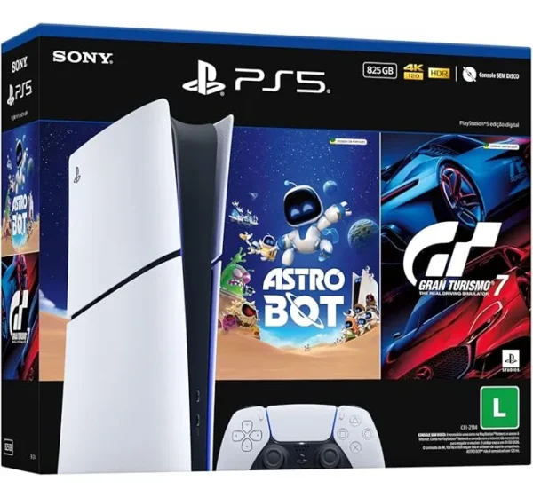 Caixa do PlayStation 5 Edição Digital com Astrobot e GranTurismo 7